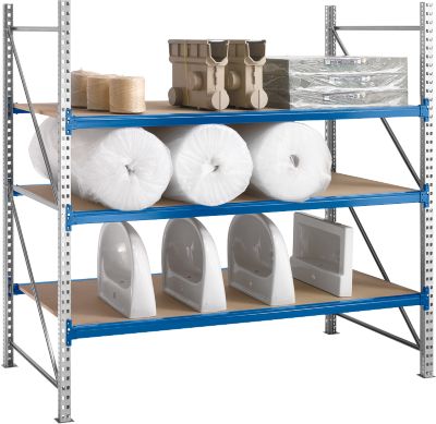 Rayonnage modulaire WR 600, module de base, traverse bleu, avec 2 niveaux, 2200 x 2200 x 800 mm
