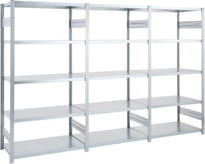 Regalkombination ORDO Industry, 1 Grundregal + 2 Anbauregale, 15 Fachböden, modular, Fachlast 140 kg, Feldlast 1200 kg, B 3080 x T 435 x H 2000 mm, verzinkt