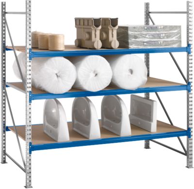 Regalsystem WR 600, Grundfeld, Traverse blau, mit 3 Ebenen, 2500 x 1500 x 1050 mm