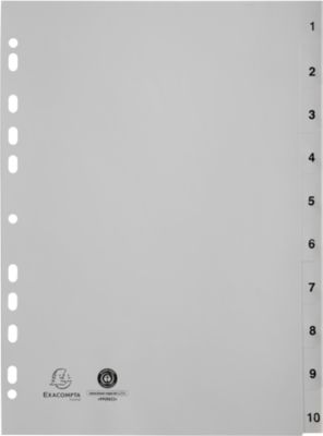 Register Exacompta 1710E, Format A4, Universallochung, Taben 1-10, B 225 x H 297 mm, Blauer Engel, Recycling-Kunststoff, grau
