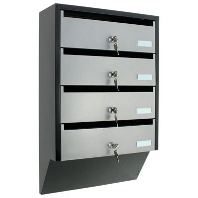 Rottner Briefkastenanlage Depot 4, für 4 Parteien, C4‑Einwurf 330×20 mm, Zylinderschloss je Fach, schwarz/silber