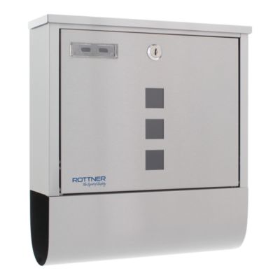 Rottner Wandbriefkasten Costa Inox, Zeitungsfach, Zylinderschloss, Sichtfenster & Namensschild, B 335 x T 100 x H 305 mm, Edelstahl