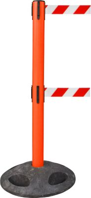 RS-GUIDESYSTEMS® Absperrpfosten GLA 250, Doppelgurt, Gurtauszug 4 m, Bodenteller Ø 410 mm, rot/rot-weiss