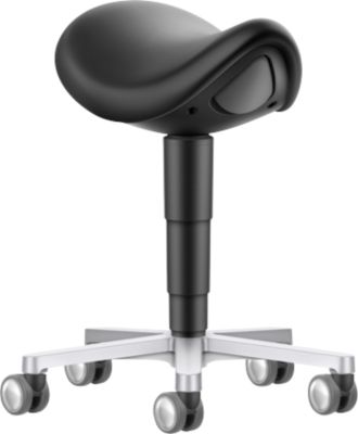Sattelhocker bimos 9473L, mit Rollen, 3D-Sitzmechanik, höhenverstellbar, bis 120 kg, Stahl & Kunstleder, desinfektionsmittelbeständig, schwarz