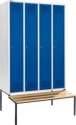 Schäfer Shop Genius Armoire à linge avec banquette, 4 compartiments, largeur de compartiment 300 mm, serrure à cylindre, gris clair/bleu azur