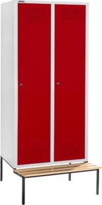 Schäfer Shop Genius Casier de vestiaires avec banc, 2 compartiments, largeur de compartiment 300 mm, serrure à cylindre, gris clair/rouge