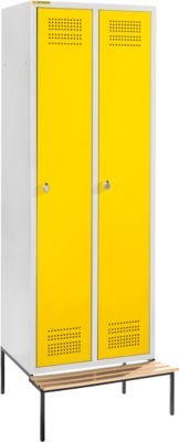 Schäfer Shop Genius Casier de vestiaires avec banc, 2 compartiments, largeur de compartiment 300 mm, serrure de sécurité à came batteuse, gris clair/jaune colza