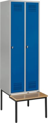 Schäfer Shop Genius Casier de vestiaires avec banc, 2 compartiments, serrure de sécurité à came batteuse, alu blanc/bleu gentiane