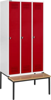 Schäfer Shop Genius Casier de vestiaires avec banc, 3 compartiments, serrure à came batteuse, gris clair/rouge