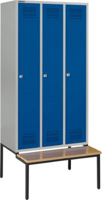 Schäfer Shop Genius Casier de vestiaires avec banc, 3 compartiments, serrure à cylindre, argent clair/bleu gentiane