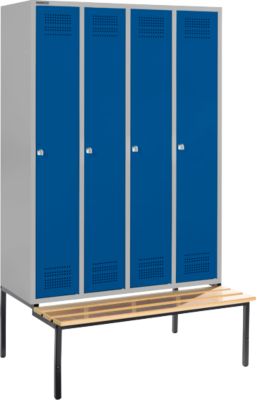 Schäfer Shop Genius Casier de vestiaires avec banc, 4 compartiments, serrure à cylindre, alu blanc/bleu gentiane