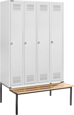 Schäfer Shop Genius Casier de vestiaires avec banc, 4 compartiments, serrure de sécurité à came batteuse, gris clair/gris clair