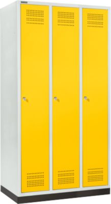 Schäfer Shop Genius Casier de vestiaires sur socle, 3 compartiments, largeur de compartiment 300 mm, serrure à cylindre, jaune colza