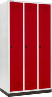 Schäfer Shop Genius Casier de vestiaires sur socle, 3 compartiments, largeur de compartiment 300 mm, serrure de sécurité à came batteuse, rouge rubis