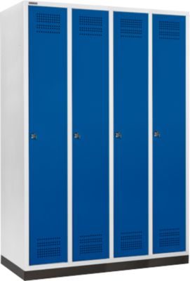 Schäfer Shop Genius Casier de vestiaires sur socle, 4 compartiments, largeur de compartiment 300 mm, serrure à cylindre, bleu gentiane