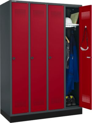Schäfer Shop Genius Casier de vestiaires sur socle, 4 compartiments, serrure à came batteuse, anthracite/rouge