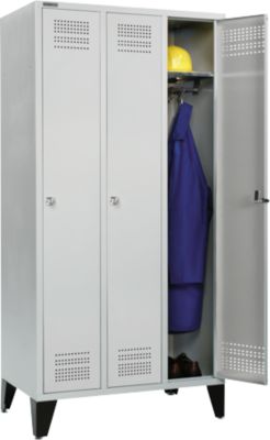 Schäfer Shop Genius Kledinglocker met poten, 3 compartimenten, 300 mm compartimentbreedte, cilinderslot, lichtgrijs/lichtgrijs