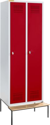 Schäfer Shop Genius Kledinglocker met zitbank, 2 compartimenten, 300 mm compartimentbreedte, veiligheidsdraaigrendelslot, lichtgrijs/robijnrood
