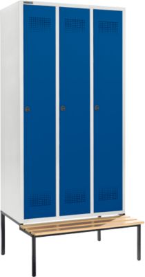 Schäfer Shop Genius Kledinglocker met zitbank, 3 compartimenten, 300 mm compartimentbreedte, veiligheidsdraaigrendelslot, lichtgrijs/gentiaanblauw