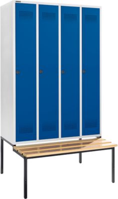 Schäfer Shop Genius Kledinglocker met zitbank, 4 compartimenten, 300 mm compartimentbreedte, veiligheidsdraaigrendelslot, lichtgrijs/gentiaanblauw