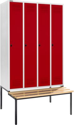 Schäfer Shop Genius Kledinglocker met zitbank, 4 compartimenten, 300 mm compartimentbreedte, veiligheidsdraaigrendelslot, lichtgrijs/rood