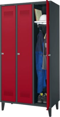 Schäfer Shop Genius Kleiderspind mit Füssen, 3 Abteile, 300 mm Abteilbreite, Zylinderschloss, anthrazit/rubinrot