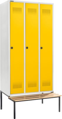 Schäfer Shop Genius Kleiderspind mit Sitzbank, 3 Abteile, 300 mm Abteilbreite, Sicherheitsdrehriegelverschluss, lichtgrau/rapsgelb