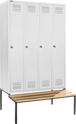Schäfer Shop Genius Kleiderspind mit Sitzbank, 4 Abteile, 300 mm Abteilbreite, Zylinderschloss, lichtgrau/lichtgrau