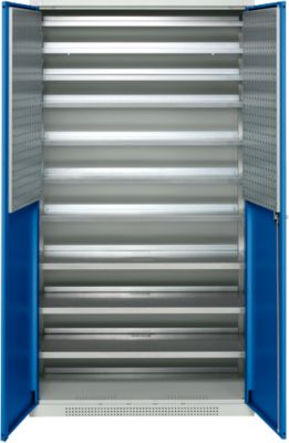 Schäfer Shop Genius Magazinschrank FS, 5 OH, abschliessbar, 10 Fachböden, 2 Lochrasterplatten, bis 450 kg, B 1055 x T 520 x H 1950 mm, lichtgrau/enzianblau