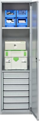 Schäfer Shop Genius Materialschrank FS, 5 OH, abschließbar, 2 Fachböden/6 Schübe, bis 250 kg, B 545 x T 520 x H 1950 mm, Stahl, weißalu/weißalu