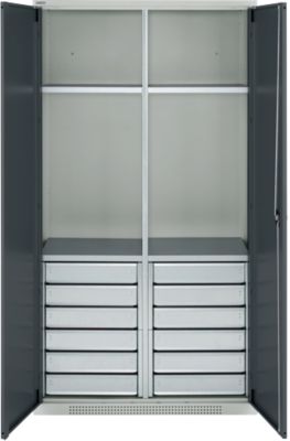Schäfer Shop Genius Materialschrank FS, 5 OH, abschließbar, 4 Fachböden/12 Schübe, bis 450 kg, B 1055 x T 520 x H 1950 mm, Stahl, lichtgrau/anthrazitgrau