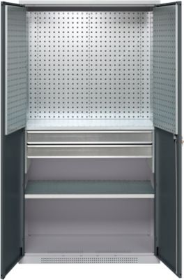 Schäfer Shop Genius Materialschrank FS, 5 OH, abschließbar, Lochrasterwände/2 Schübe/2 Fachböden, bis 450 kg, B 1055 x T 520 x H 1950 mm, weißalu/anthrazitgrau + Gratis Einsatzkastenset-24 tlg.