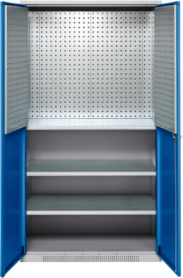 Schäfer Shop Genius Materialschrank FS, 5 OH, abschließbar, Lochrasterwände/3 Fachböden, bis 450 kg, B 1055 x T 520 x H 1950 mm, weißalu/enzianblau