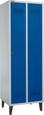 Schäfer Shop Genius Vestiaire sur pieds, 2 compartiments, l. 630 x P 500 x H 1850 mm, serrure de sécurité à came batteuse, alu blanc RAL 9016/bleu gentiane