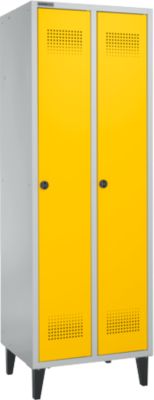 Schäfer Shop Genius Vestiaire sur pieds, 2 compartiments, l. 630 x P 500 x H 1850 mm, serrure de sécurité à came batteuse, alu blanc RAL 9016/jaune