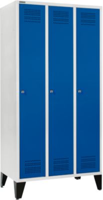 Schäfer Shop Genius Vestiaire sur pieds, 3 compartiments, largeur de compartiment 300 mm, serrure à cylindre, gris clair/bleu gentiane