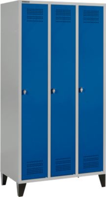 Schäfer Shop Genius Vestiaire sur pieds, 3 compartiments, serrure à came batteuse, argent clair/bleu gentiane