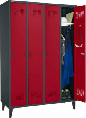 Schäfer Shop Genius Vestiaire sur pieds, 4 compartiments, serrure à came batteuse, anthracite/rouge