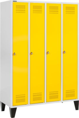 Schäfer Shop Genius Vestiaire sur pieds, 4 compartiments, serrure à came batteuse, gris clair/jaune