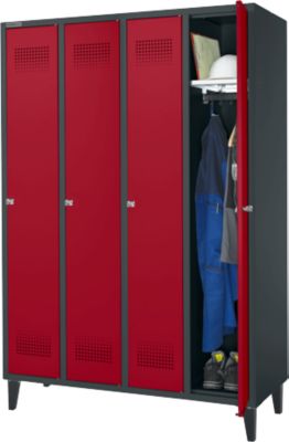 Schäfer Shop Genius Vestiaire sur pieds, 4 compartiments, serrure à cylindre, anthracite/rouge