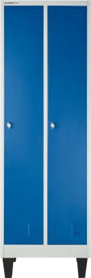 Schäfer Shop Pure Kleiderspind, 2 Abteile mit Hutboden/Kleiderstange/Kleiderhaken, Füße, Drehriegelverschluss, B 600 x T 500 x H 1850 mm, Stahlblech, lichtgrau/enz.blau