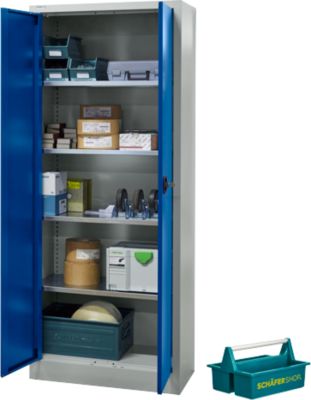 Schäfer Shop Pure Materialschrank, abschließbar, 4 Böden, B 800 x T 400 x H 1935 mm, Stahl, lichtgrau/enzianblau + gratis Tragekasten Carry 