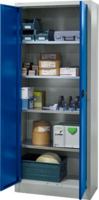 Schäfer Shop Pure Materialschrank, abschliessbar, 4 Böden, B 800 x T 400 x H 1935 mm, Stahl, lichtgrau/enzianblau