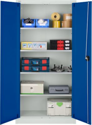 Schäfer Shop Pure Stahlschrank, abschliessbar, 4 verzinkte Böden, B 950 x T 400 x H 1935 mm, lichtgrau RAL 7035/enzianblau RAL 5010