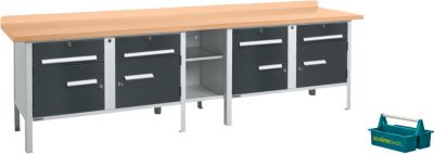 Schäfer Shop Select Kastenwerkbank PWi 300-0, Buche Multiplexplatte, bis 750 kg, B 3000 x T 700 x H 840 mm, weißalu/anthrazit + gratis Tragekasten Carry
