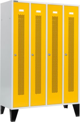 Schäfer Shop Select Kledinglocker met geperforeerde lijnen, 4 compartimenten, met poten, cilinderslot, Deur koolzaadgeel