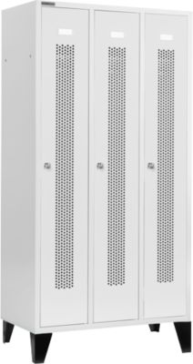 Schäfer Shop  Select Kledinglocker, met geperforeerde rijen, 3 compartimenten, 300 mm, met poten, cilinderslot, deur lichtgrijs