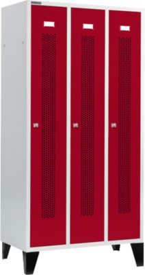 Schäfer Shop  Select Kledinglocker, met geperforeerde rijen, 3 compartimenten, 300 mm, met poten, cilinderslot, Deur robijnrood