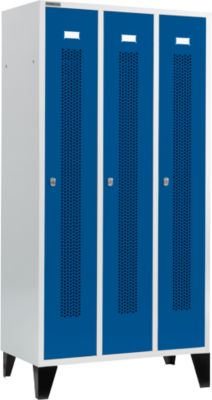Schäfer Shop Select Kledinglocker, met geperforeerde rijen, 3 compartimenten, 300 mm, met poten, draaigrendelslot, deur gentiaanblauw
