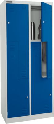 Schäfer Shop Select Kleiderspind, 4 Abteile mit Hutboden & Kleiderstange sowie 4 Fächer, Z-Türen, Zylinderschloss, mit Sockel, B 800 x T 450 x H 1850 mm, Stahl pulverbeschichtet, lichtgrau/enzianblau